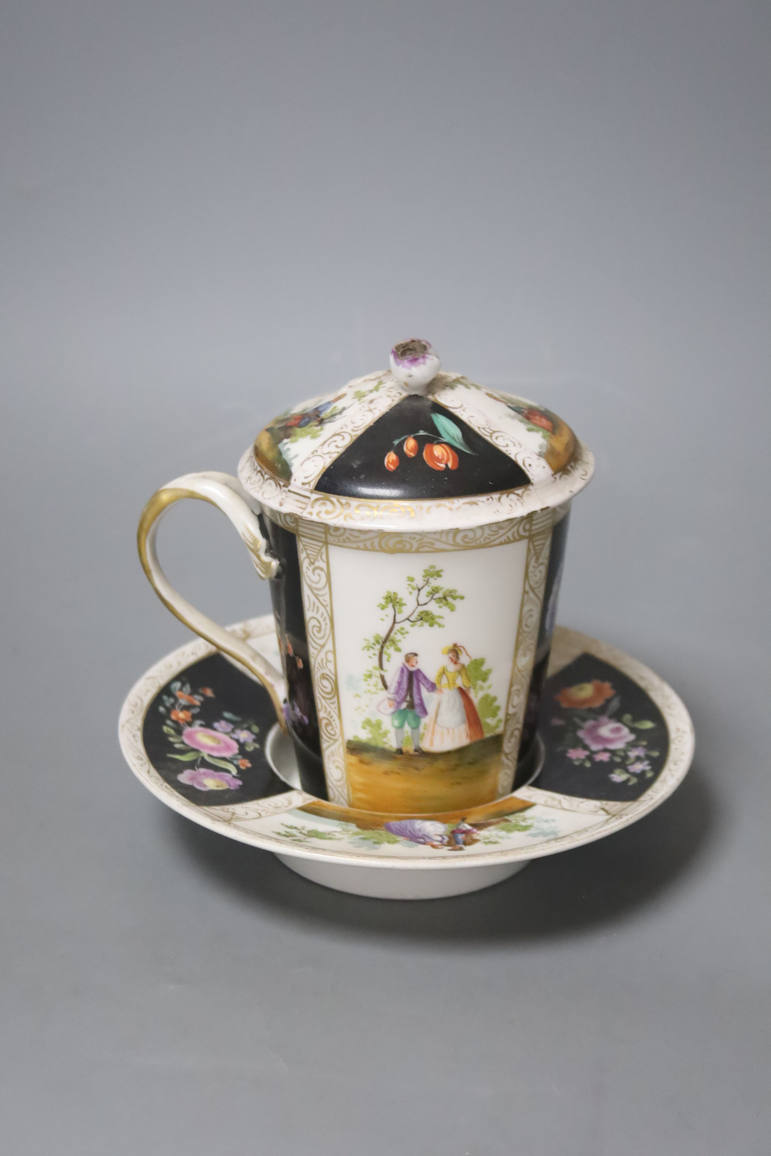 A late 19th century Dresden chocolate cup, cover and stand, overall height 15cm